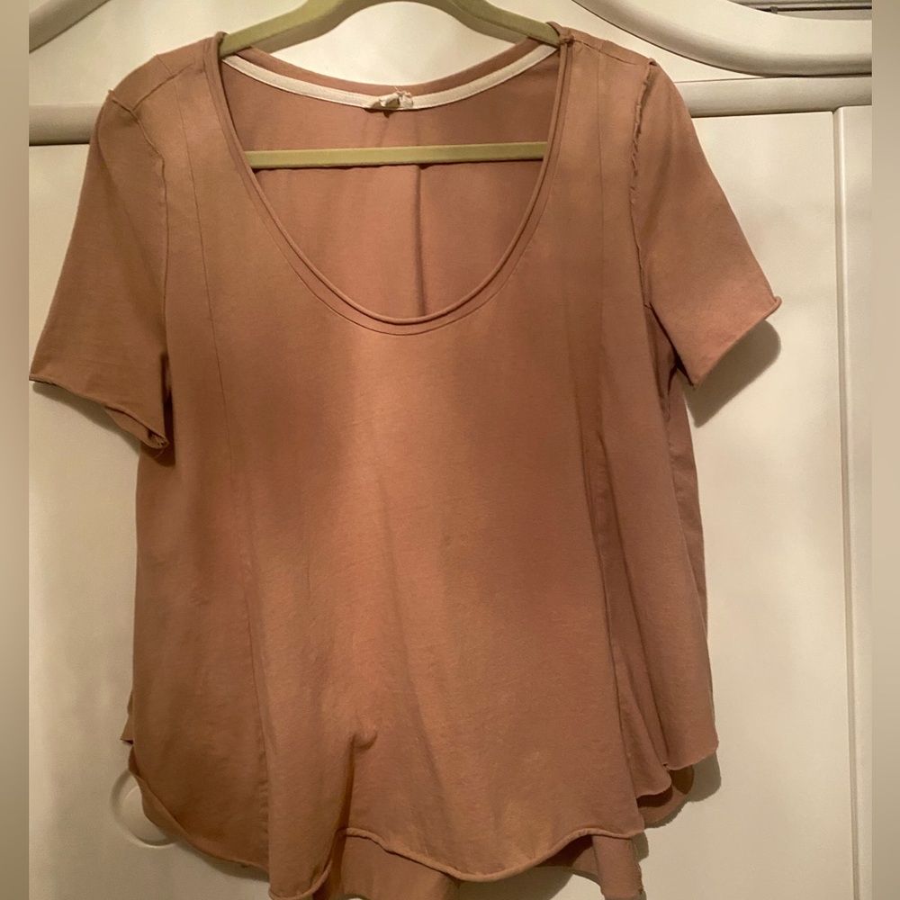 POL Tan brown Asymmetrical Relaxed Short Sleeve Top